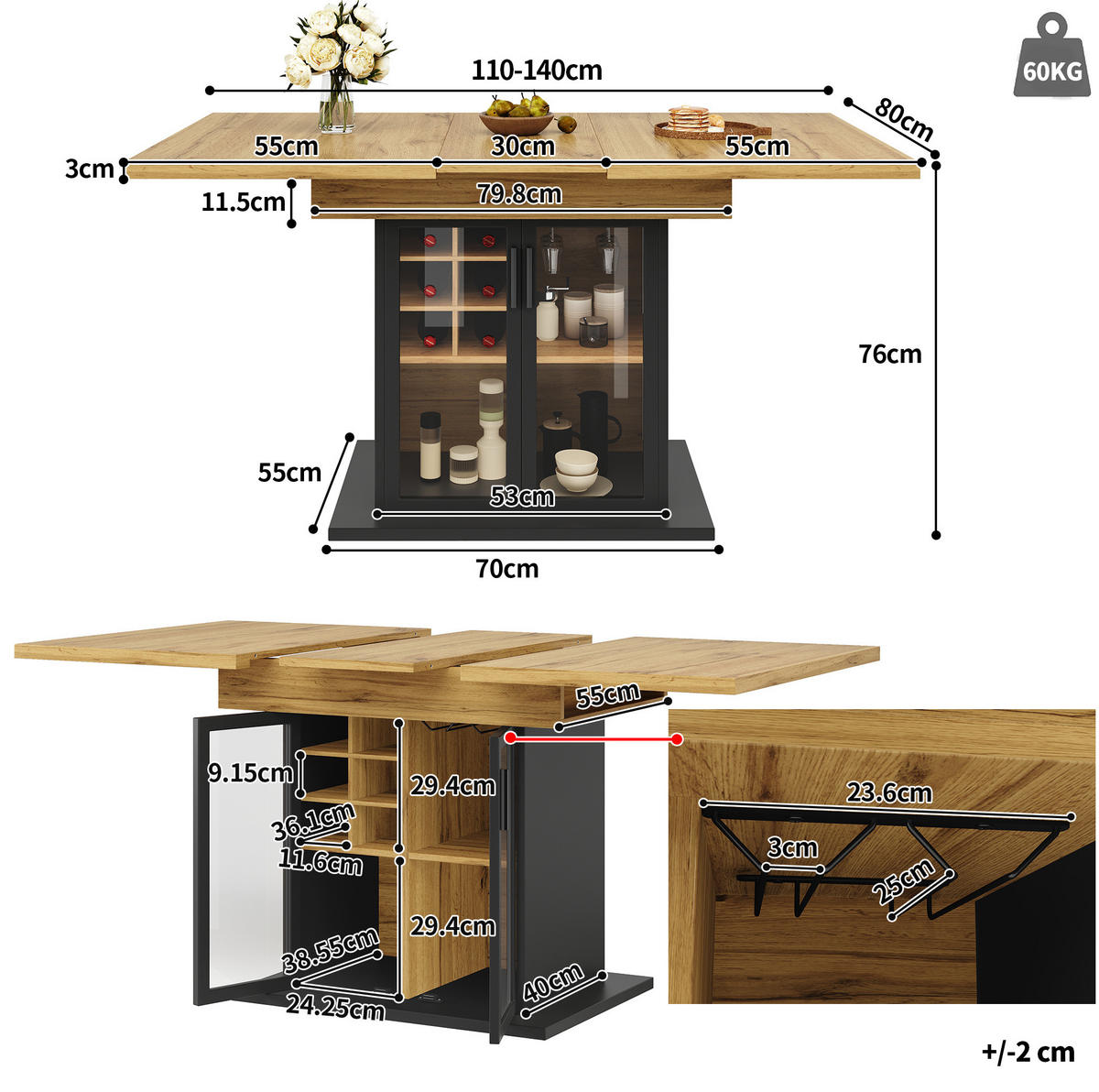 AUSZIEHTISCH 110/80/76 cm Schwarz mit Weinregal-Einsatz und Glastür aus MDF - Schwarz, Holzwerkstoff (110/80/76cm) - OKWISH