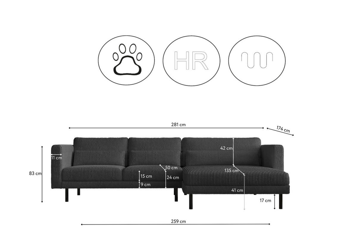 ECKSOFA L-form Dani Stoff Poso Graphit Rechts - Graphitfarben, Holz (281/174cm) - Kaiser Möbel