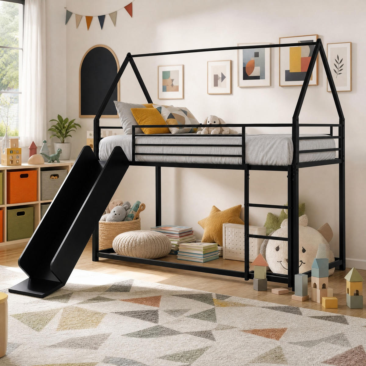 ETAGENBETT 90/190 mit Rutsche, Treppe und Hausdesign - Schwarz, Holzwerkstoff (90/190cm) - EVRYAE