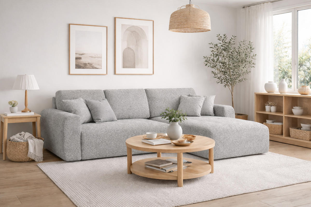 ECKSOFA Mit Schlaffunktion Und Bettkasten L-Form Ivo L, Chenille-Stoff Artico, Cement, Rechts - Hellgrau, Holz (250/142cm) - Kaiser Möbel