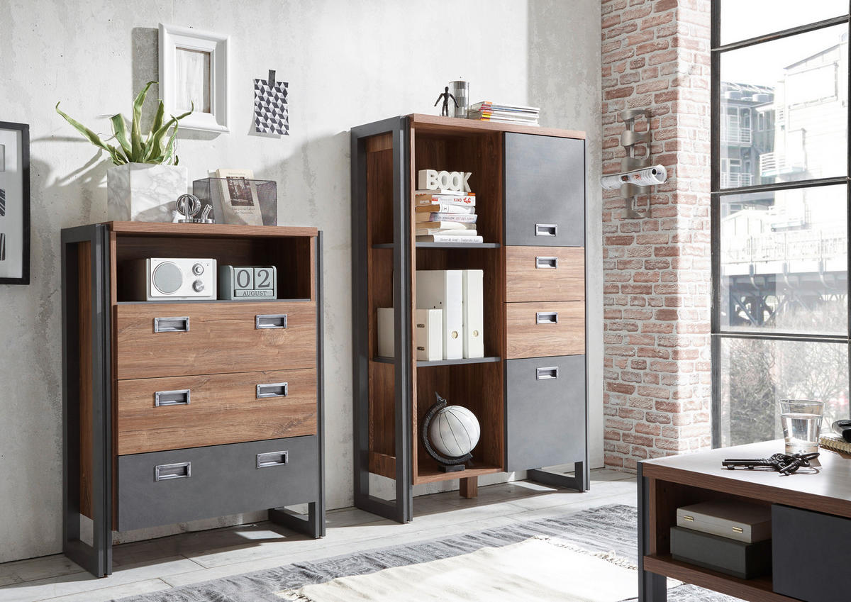 KOMMODE I12 Stirling Oak & Matera 75/100/33 cm mit Schubkästen - Eichefarben, Holzwerkstoff (75/100/33cm) - Livojo