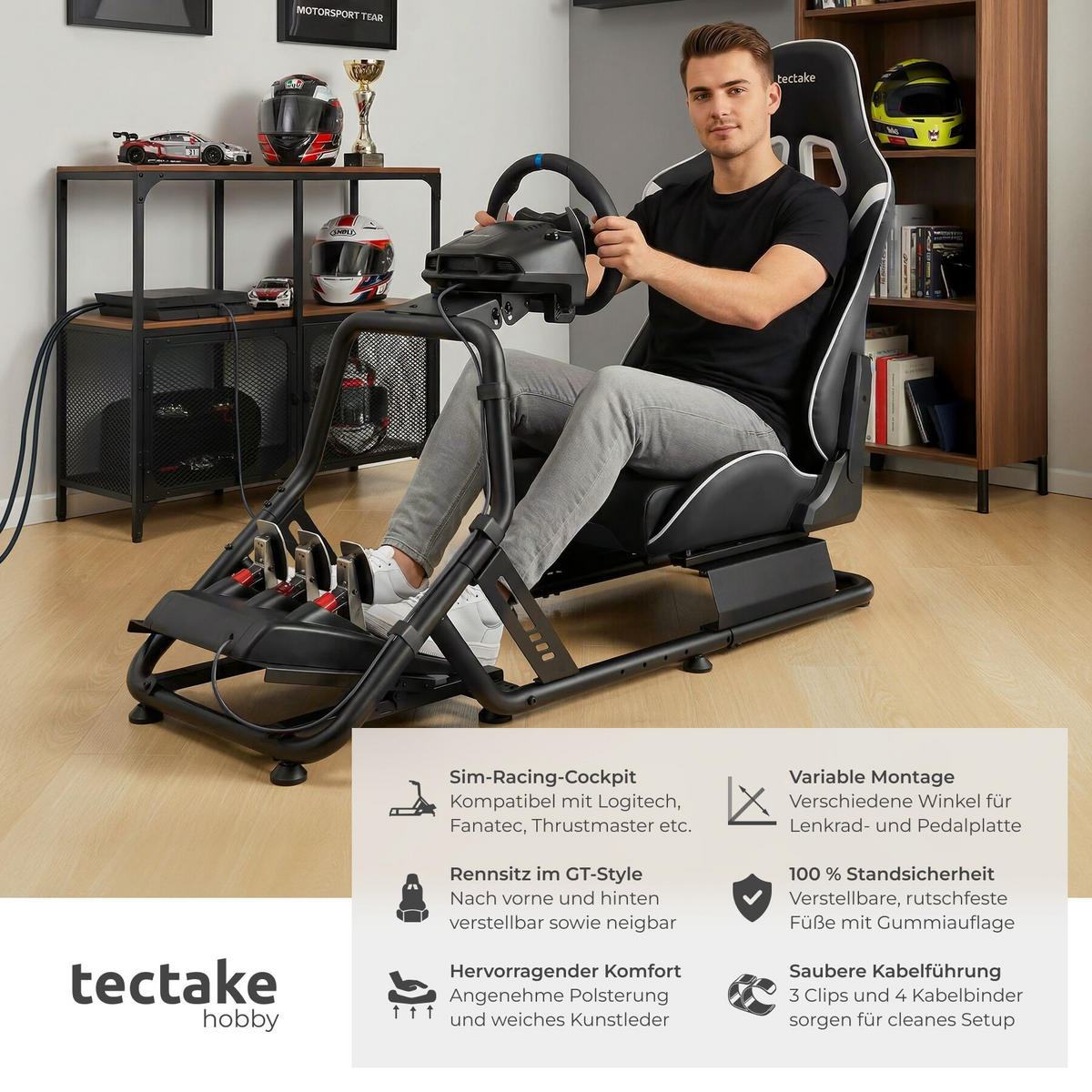 SIM-RACING-COCKPIT Play, GT-Style Rennsitz,57 x 144 x 108,5 cm, schwarz - Schwarz, Metall (57/62/220cm) - tectake