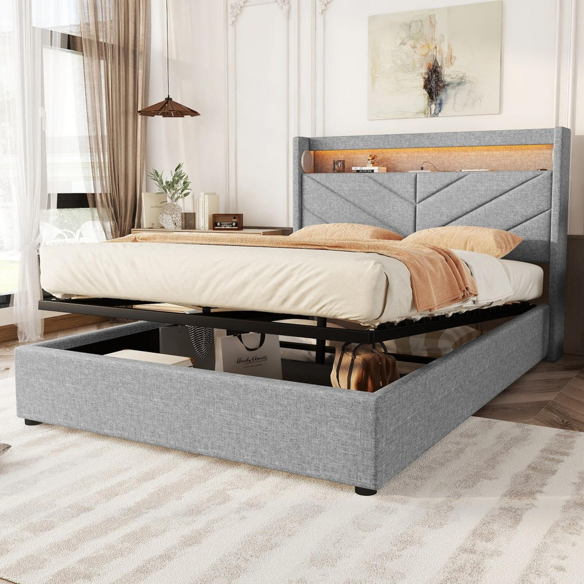 POLSTERBETT 140 x 190 cm in Grau Leinen mit Mit USB und Stereoanlage - Grau, Holz/Textil (140/190cm) - KOMHTOM