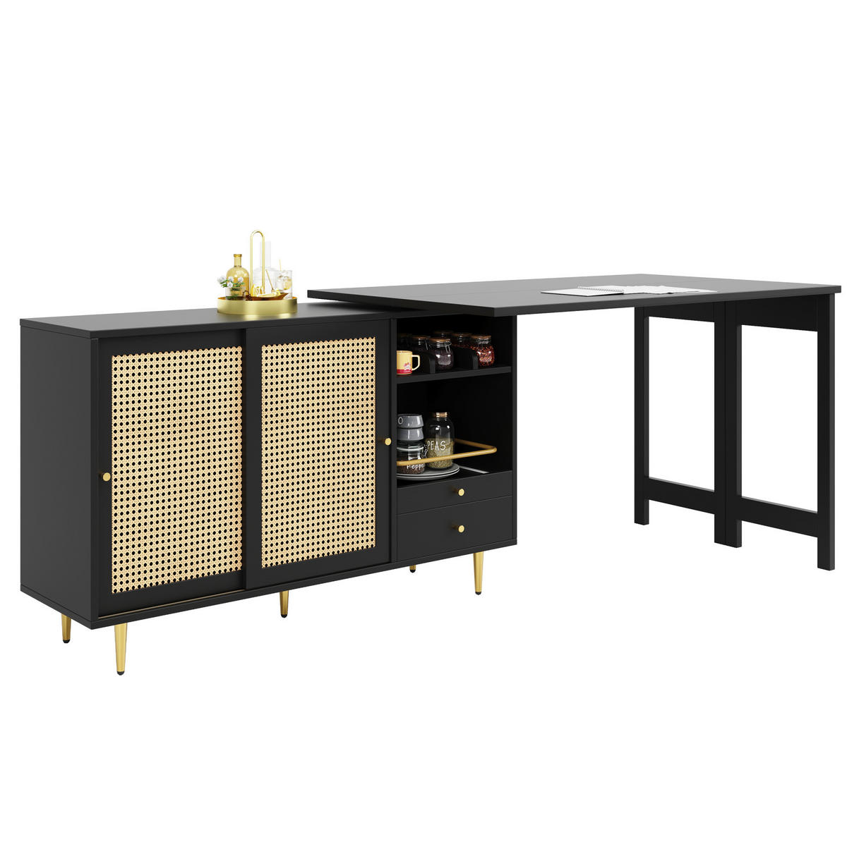 BARSKA miza 107/40/71,4 cm z 360° vrtljivo in razširljivo ploščo, prostorom za shranjevanje in rattan vrati, Črna - črna, leseni material (40/71.4/107cm) - Redom