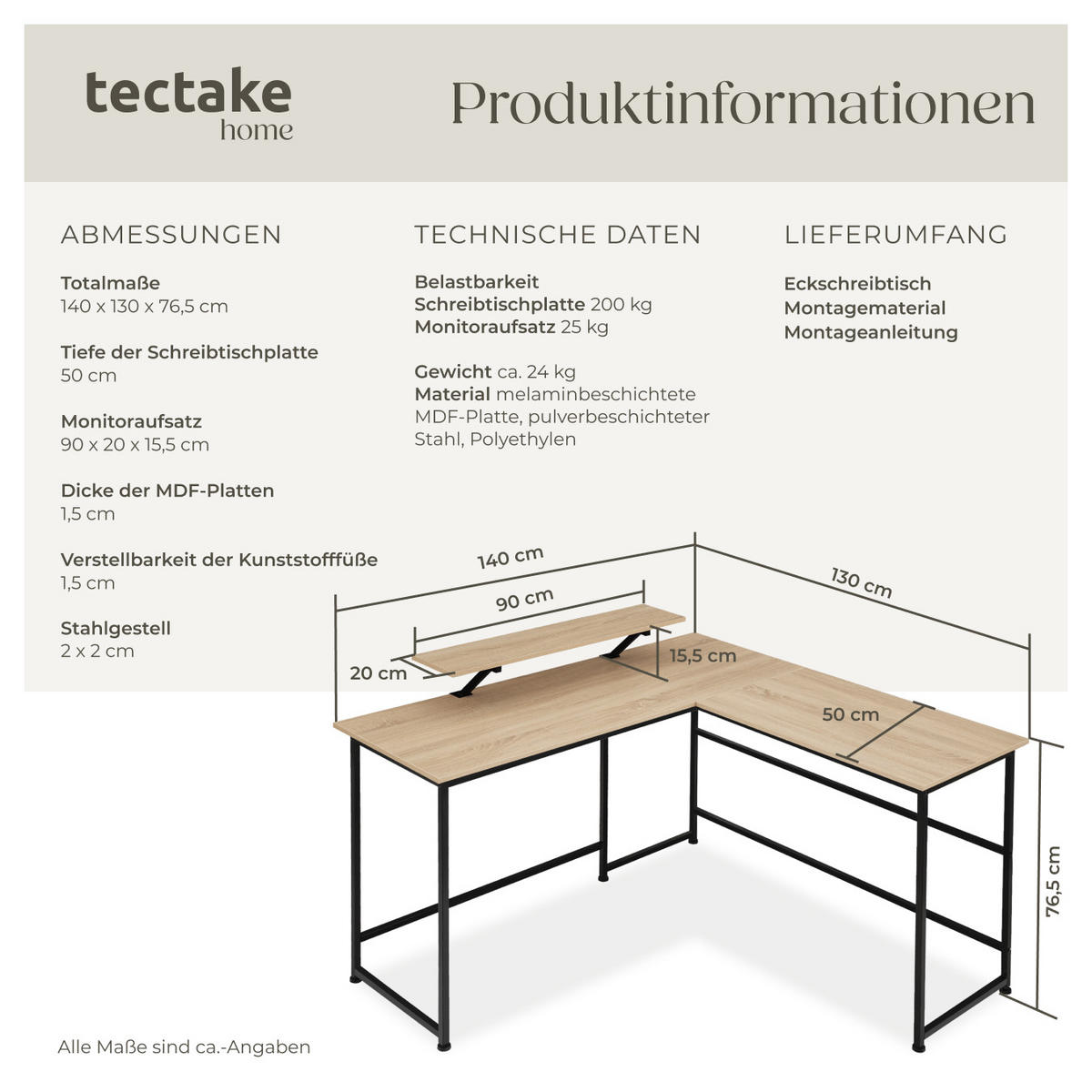 SCHREIBTISCH Melrose,140 x 130 x 76,5 cm,Industrial Holz hell, Eiche Sonoma - Naturfarben, Holz (140/130/76.5cm) - tectake