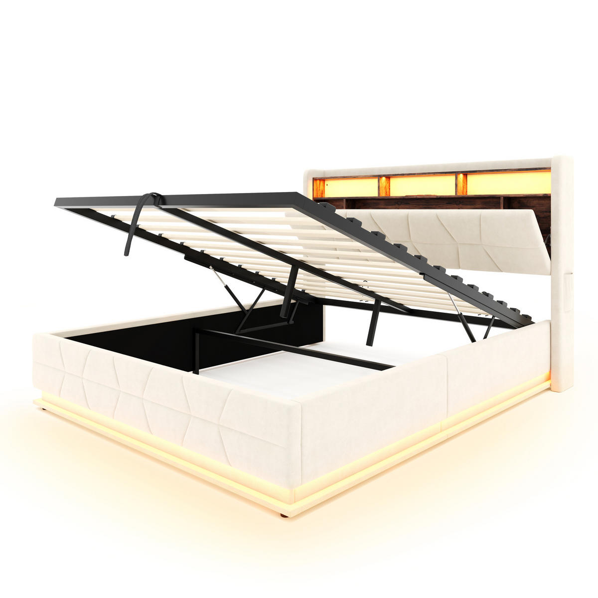 POLSTERBETT aus Velours 160 x 200 cm in Beige mit LED-Beleuchtung & USB/Type-C - Beige, Textil (160/200cm) - Modfu