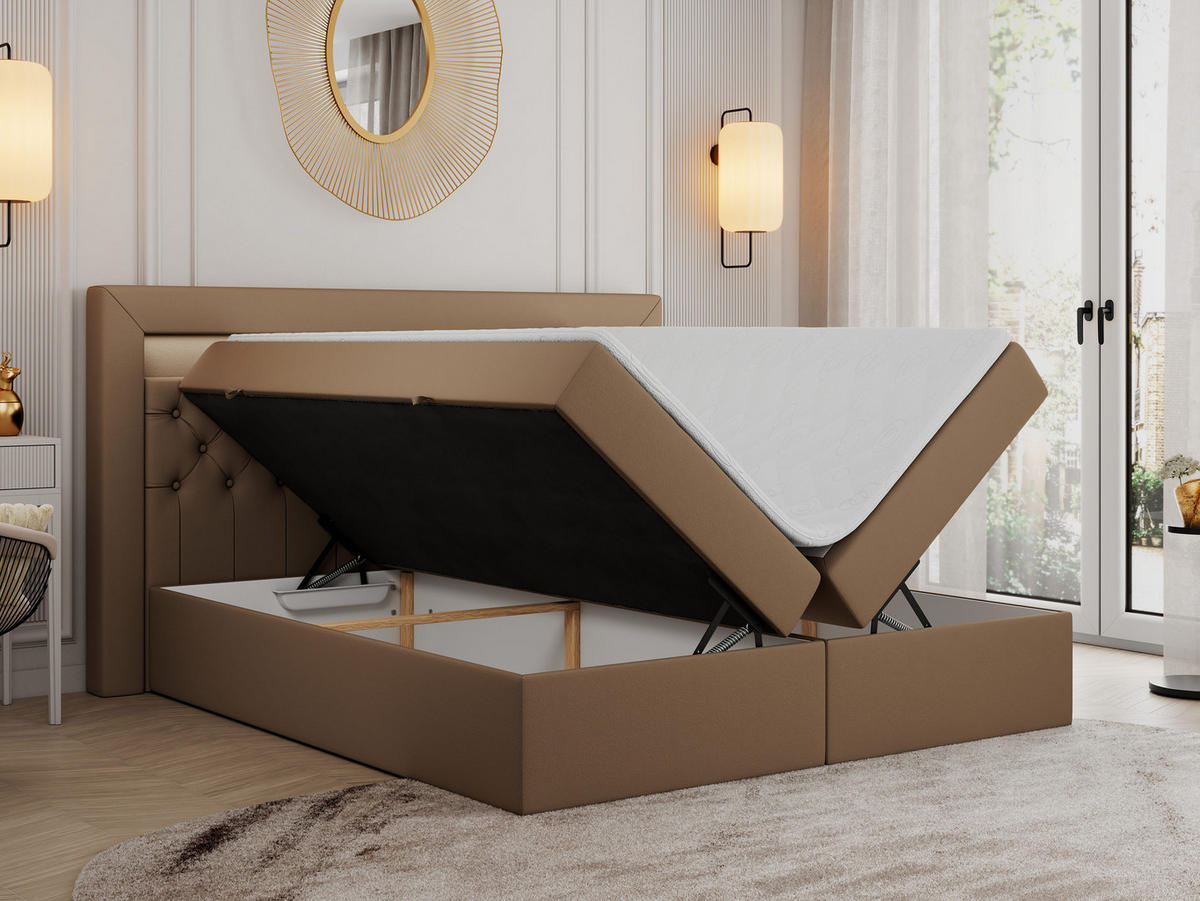 BOXBETT GOLD-6 LED 120/200 Braun Kunstleder - H3 - Braun, Holz/Textil (120/200cm) - MKS