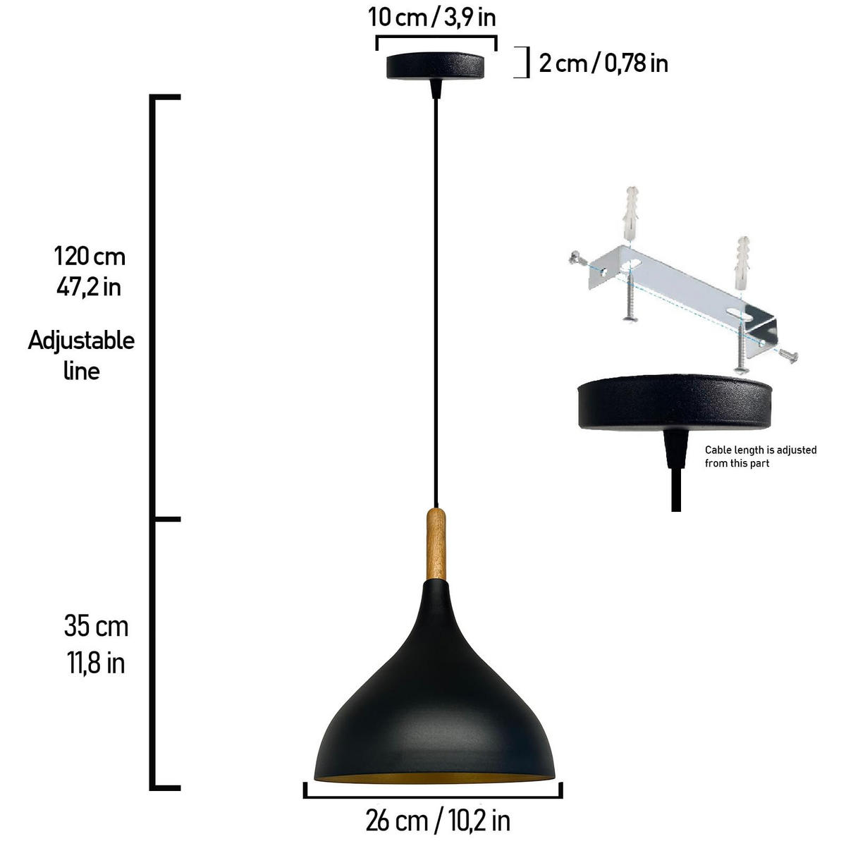 PENDELLEUCHTE Adash 26/30 cm - Goldfarben/Schwarz, Holz/Metall (26/30cm)