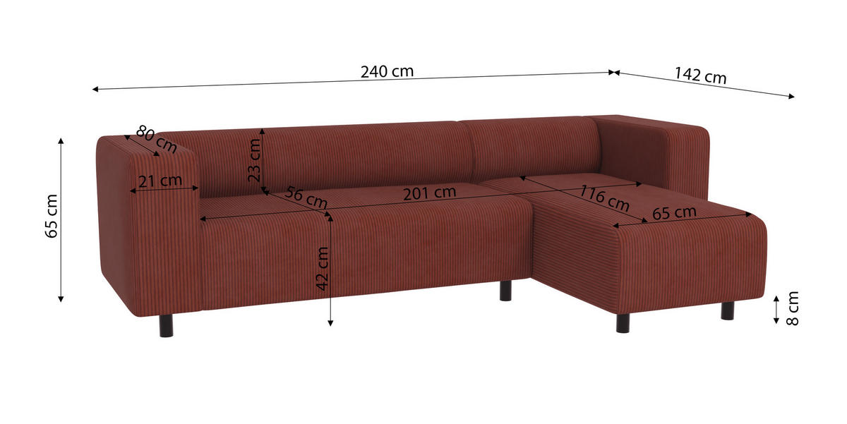 ECKSOFA Tove Terrakotta Cord - Ottomane rechts - Terracotta/Schwarz, Holz/Kunststoff (240/142cm) - S-Style Möbel