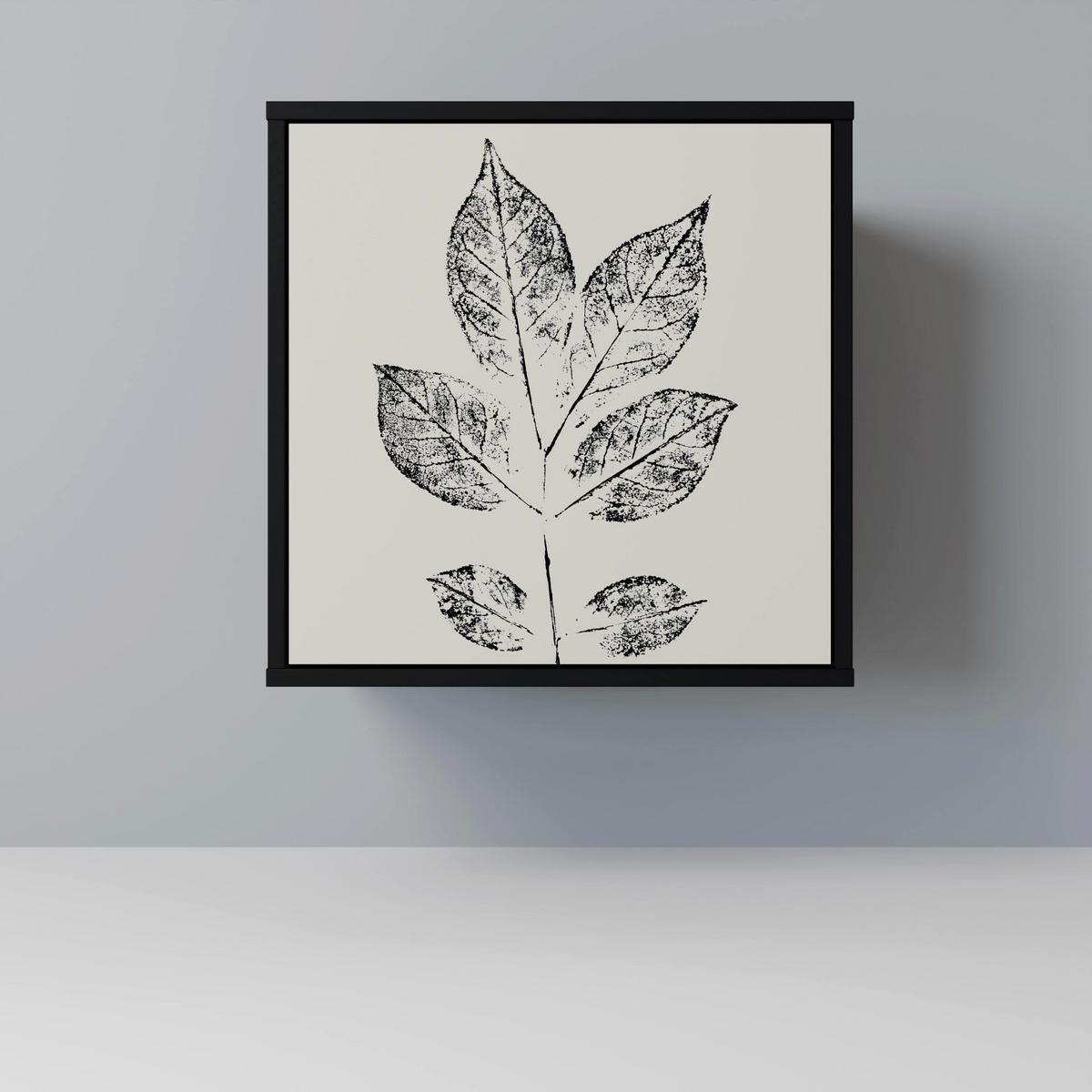 SIDEBOARD LEAFY STAMPS, Schwarz, 57,5x42x67,5 cm, Schwarze Metall-Rahmenfüße - Multicolor/Schwarz, Holzwerkstoff/Metall (57.5/67.5/42cm) - SpaceRebels
