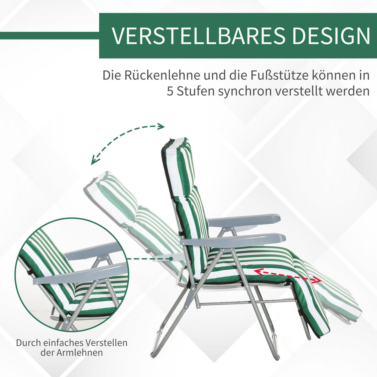 SONNENLIEGE, 5 Positionen Auflage, Stahl, Polyester, Schaumstoff, Grün - Grün, Kunststoff (60/102/75cm) - Outsunny