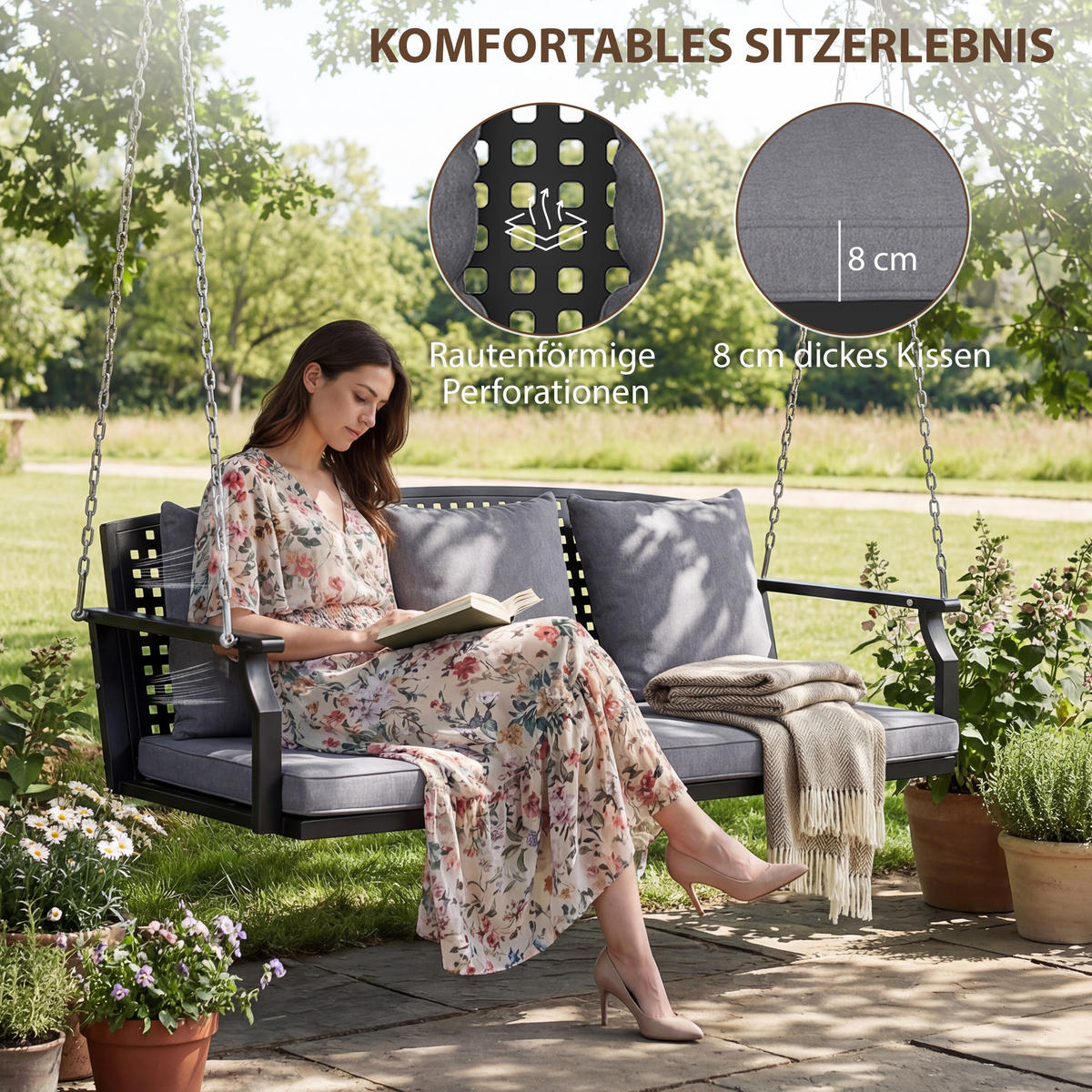 HÄNGEBANK Stahl Grau - Schwarz/Grau, Textil/Metall (66/51/154cm) - Outsunny