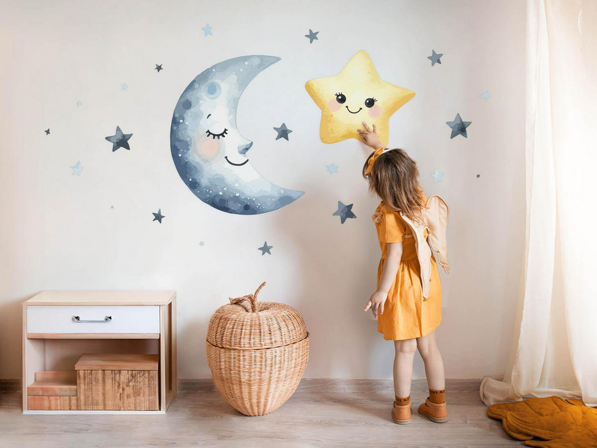 WANDAUFKLEBER 130x225cm - Fröhlicher Mondstern - Multicolor, Kunststoff (130/225/0.1cm) - Wallfluent