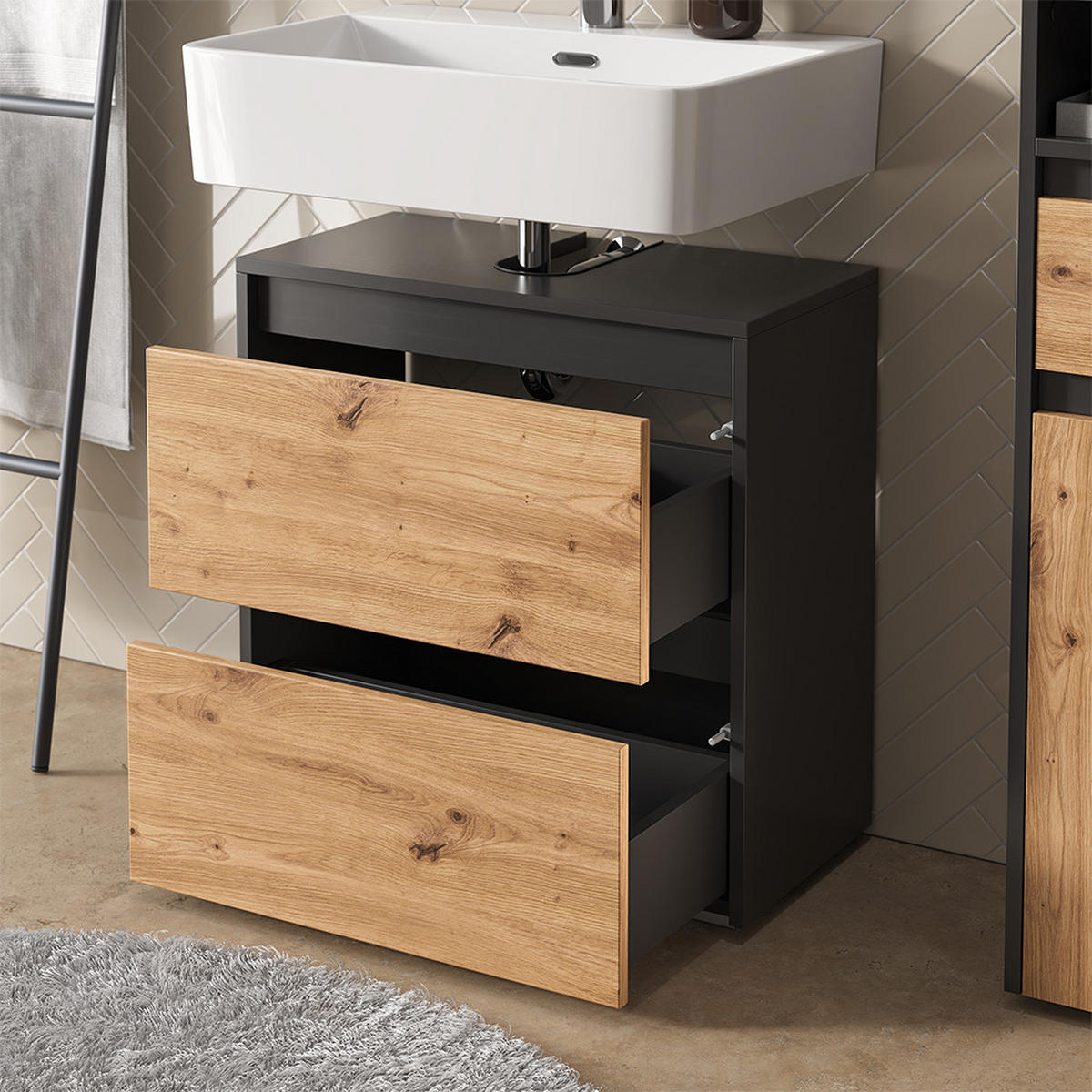 BADMÖBEL-SET Majest Anthrazit/Artisan 3 Teile - Anthrazit/Hellgrau, Holzwerkstoff (60.1/62/30.1cm) - Vicco