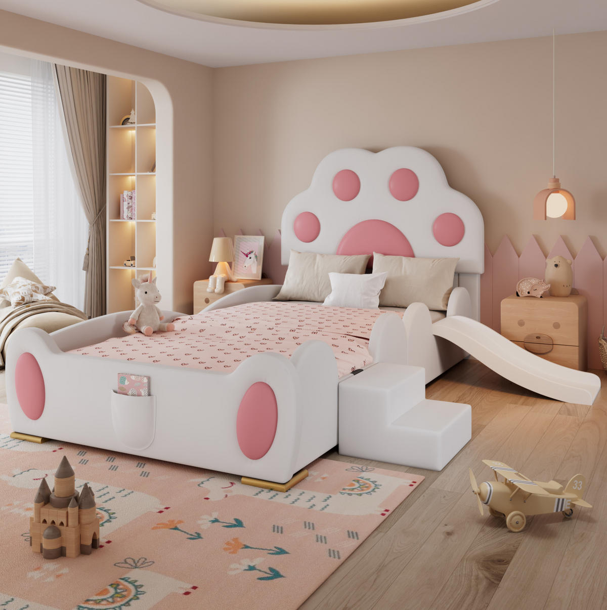 KINDERBETT 90/200 cm Weiß/Rosa aus PU mit Rutsche und Leiter - Pink, Kunststoff (90/200cm) - OKMYHOME