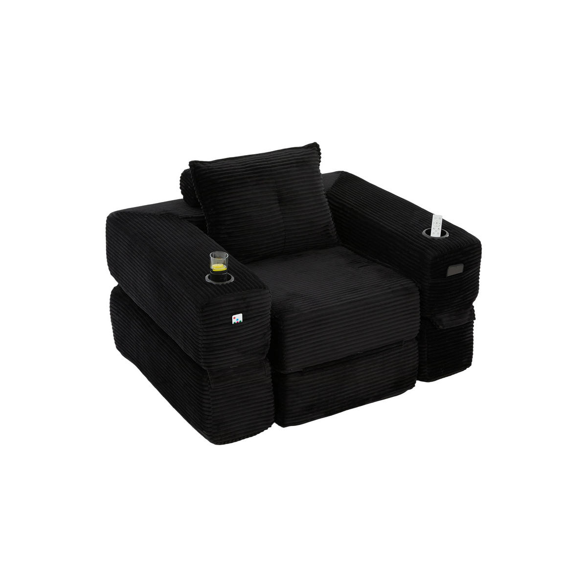 SCHLAFSOFA DE-33602 mit Federkern und Getränkehalter Schwarz - Schwarz, Textil (122/80/98cm) - ComfortXL
