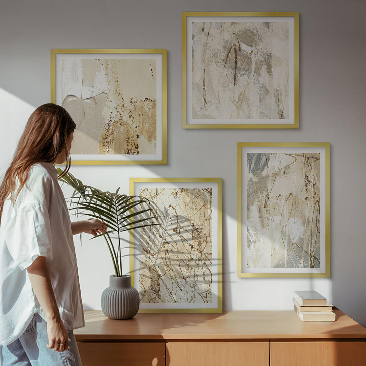 BILDER SET 4er Set - 50x50 cm & 40x60 cm Goldrahmen - Beige abstrakte Formen Linien - Goldfarben, Kunststoff (50/50cm) - TULUP