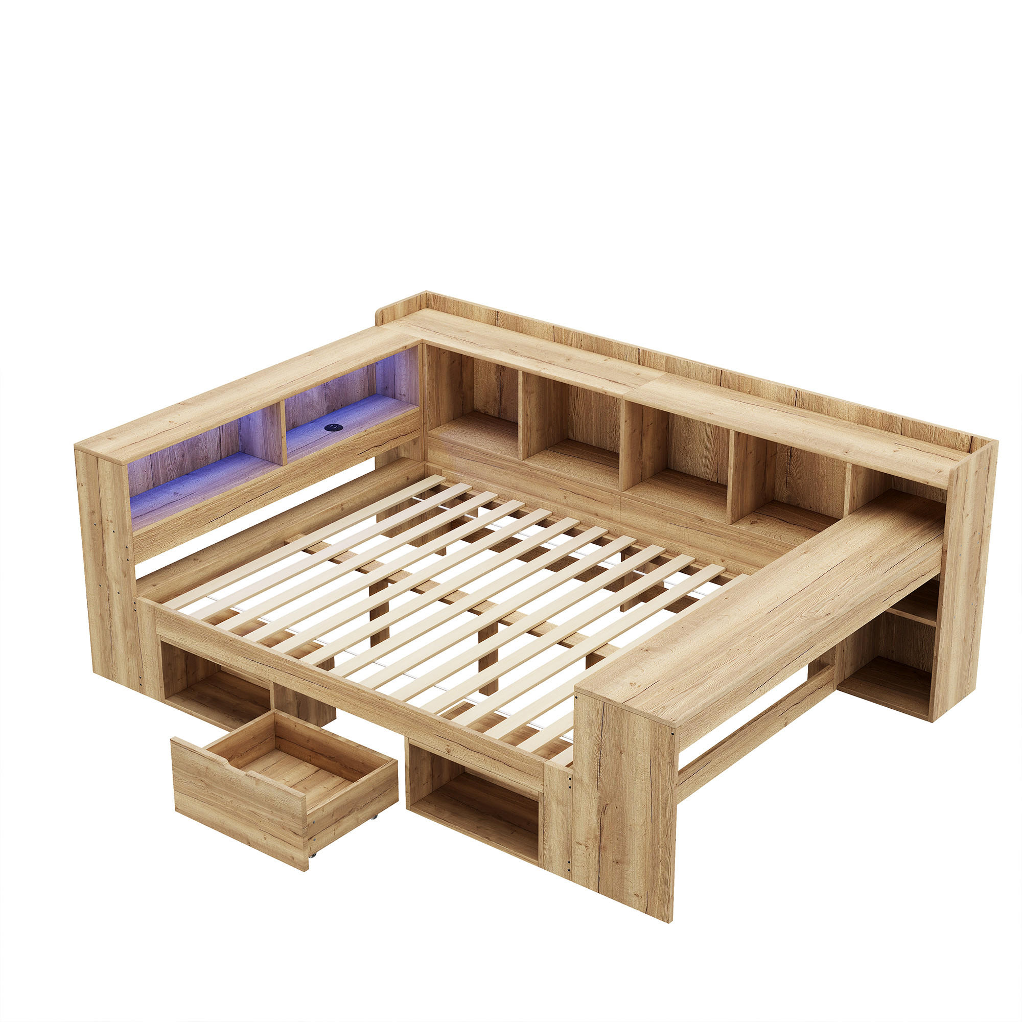 STAURRAUMBETT 140/200 cm DE-03117, mit LED, Schreibtisch und Regalen, in Natur - Naturfarben, Holzwerkstoff (140/190cm) - ComfortXL