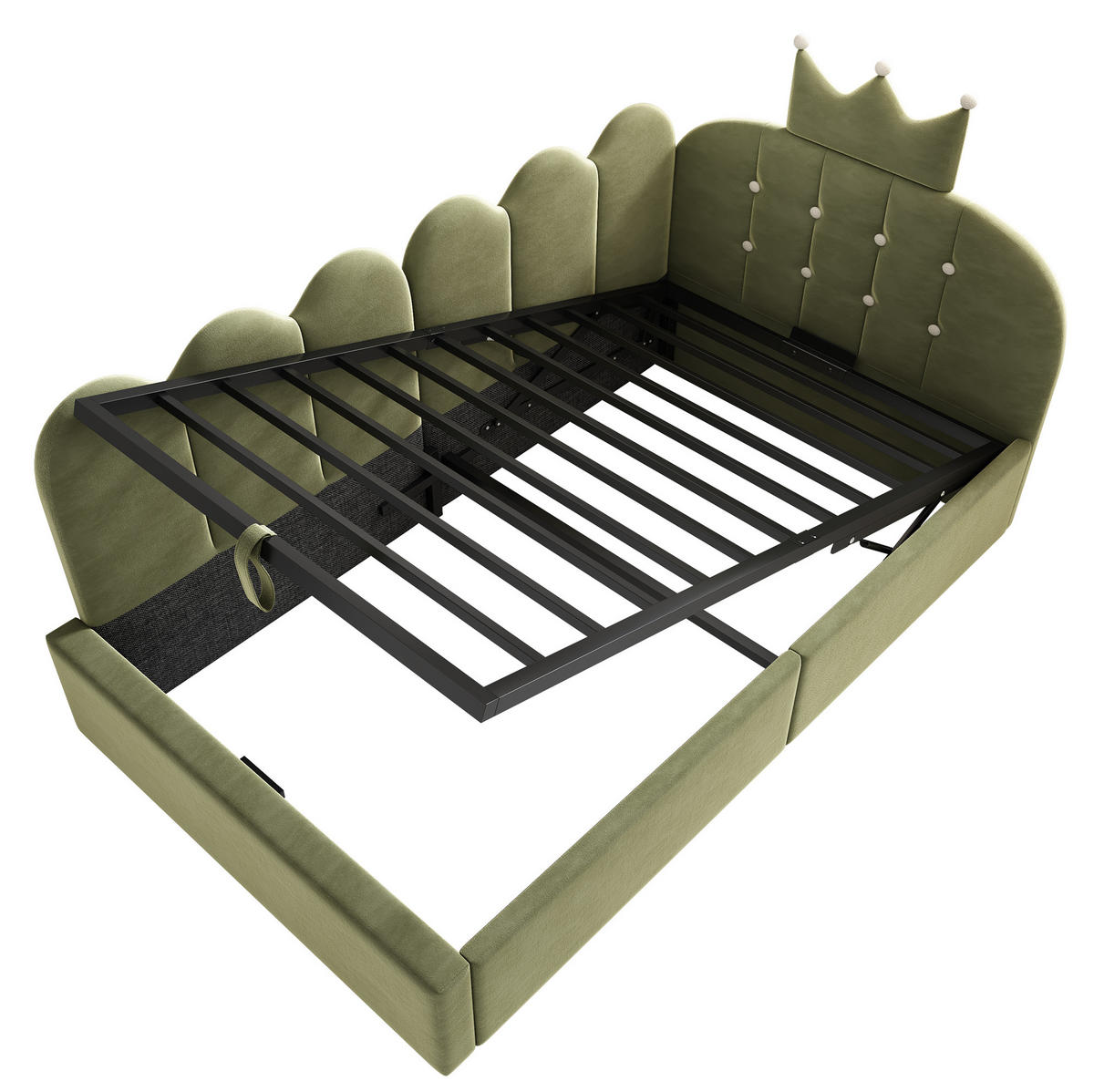 DENNÍ postel 90/200 cm zelená ze sametu s úložným prostorem a korunkovým čelem - zelená barva, kompozitní dřevo (90/200cm) - OKWISH