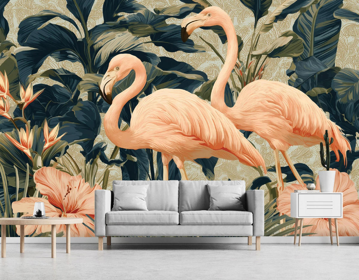 FOTOTAPETE Flamingo Blätter Grün 400x280 cm - Multicolor, Papier (400/280cm) - Wallarena