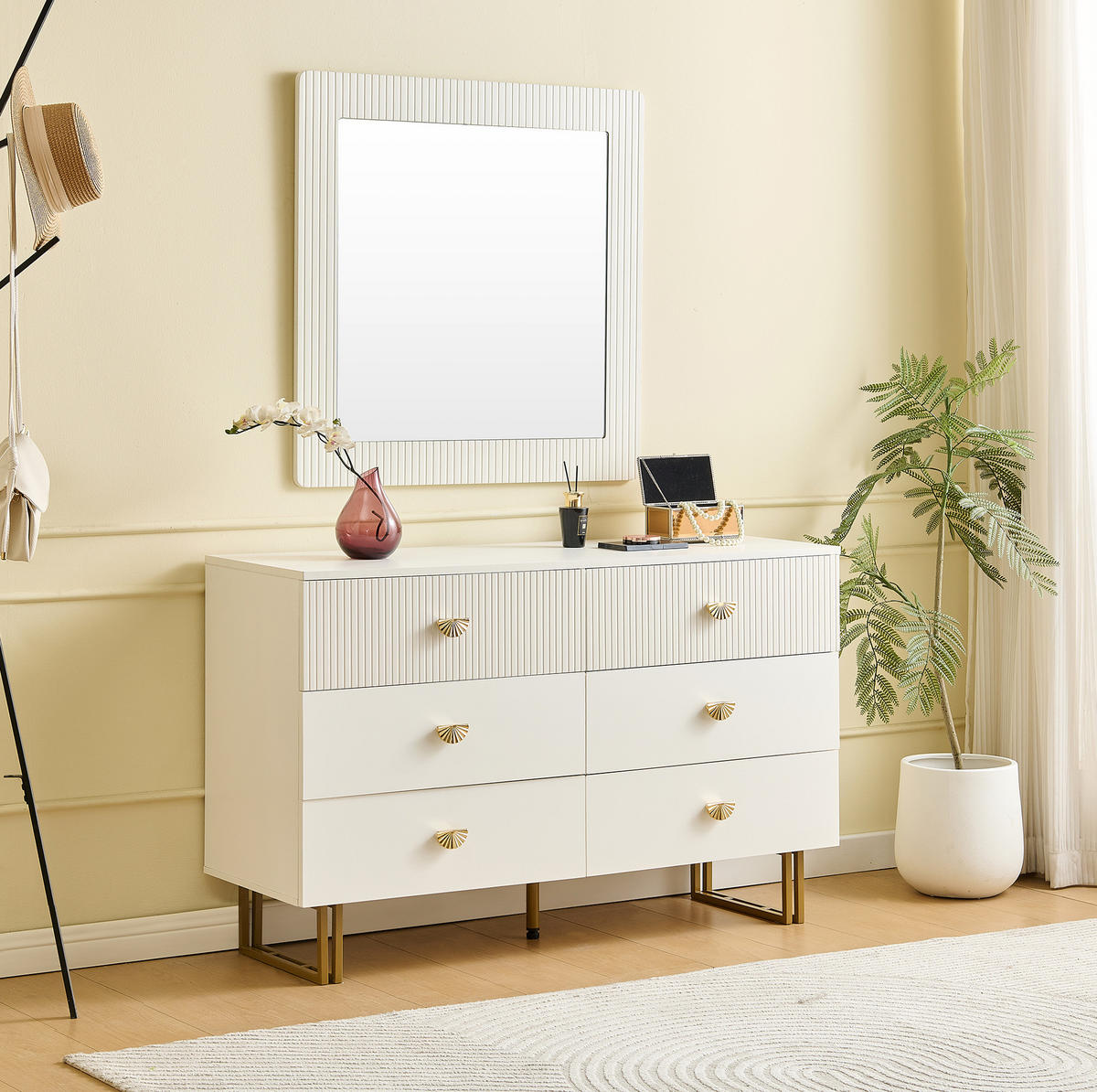 KOMMODE aus MDF 120x40x75cm in Weiß mit 6 Schubladen & Spiegel - Weiß, Holzwerkstoff (120/75/40cm) - Modfu