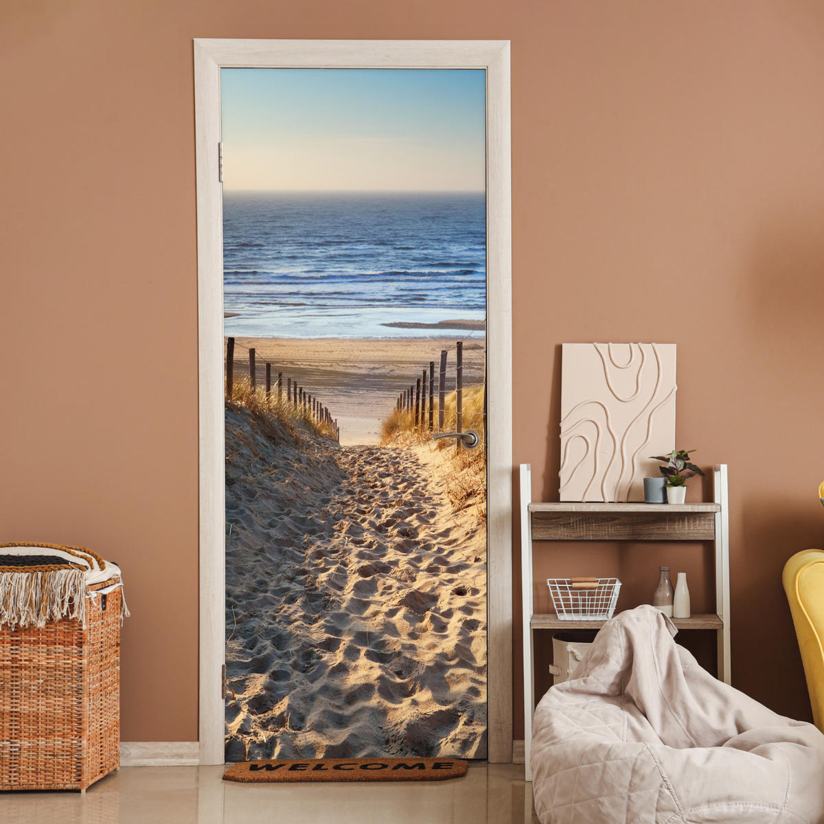 TÜRAUFKLEBER Selbstklebend - Strand - Meer - Niederlande - Dünen - Sonne 95x235 cm - Türtapete - Blau, Kunststoff (95/0.1cm) - MuchoWow