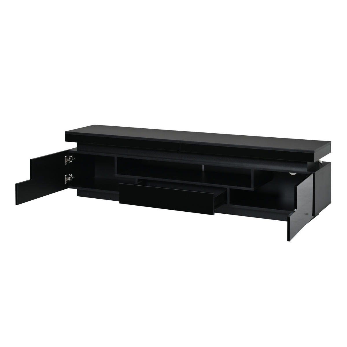 TV-SCHRANK schwarz aus Spanplatte mit Hochglanzfront und App-gesteuerter USB-LED 175 × 38 × 45 cm - Schwarz, Holzwerkstoff (175/45/38cm) - Luhomfu