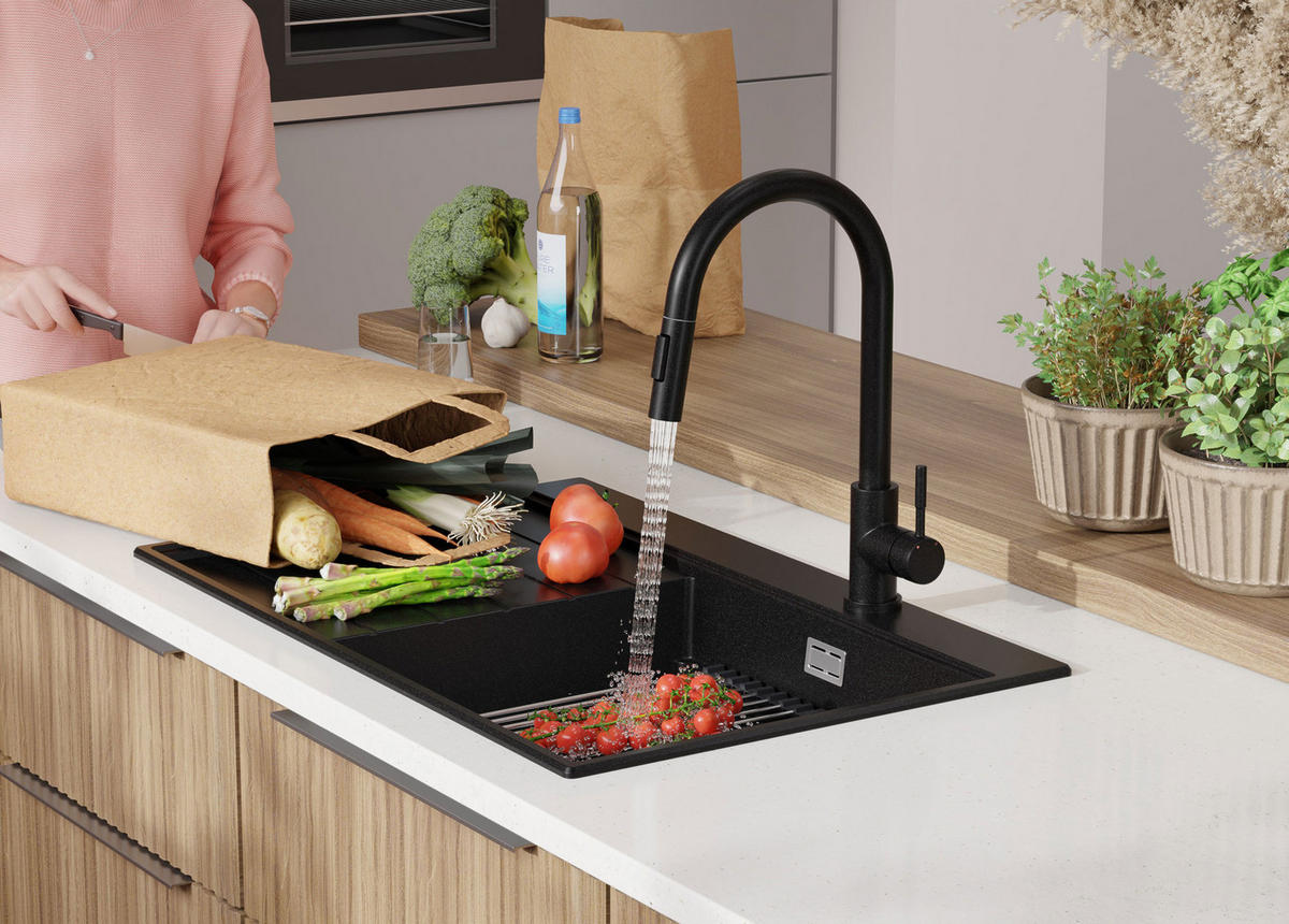 GRANITSPÜLE Sydney, 2-er set Schwarz 78/50 cm 1 Becken + Küchenarmatur 32/20 cm + Ablauf-Set + Küchenzubehörset ab 50er Unterschrank - Chromfarben/Beige, Kunststoff (78/20/50cm) - Primagran