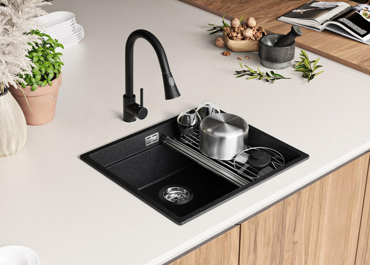 SPÜLBECKEN Praga Slim, 2-er set Anthrazit 56/47 cm 1 Becken + Ablauf-Set + Aufrollbare Abtropffläche ab 60er Unterschrank - Chromfarben/Anthrazit, Kunststoff (56/20/47cm) - Primagran