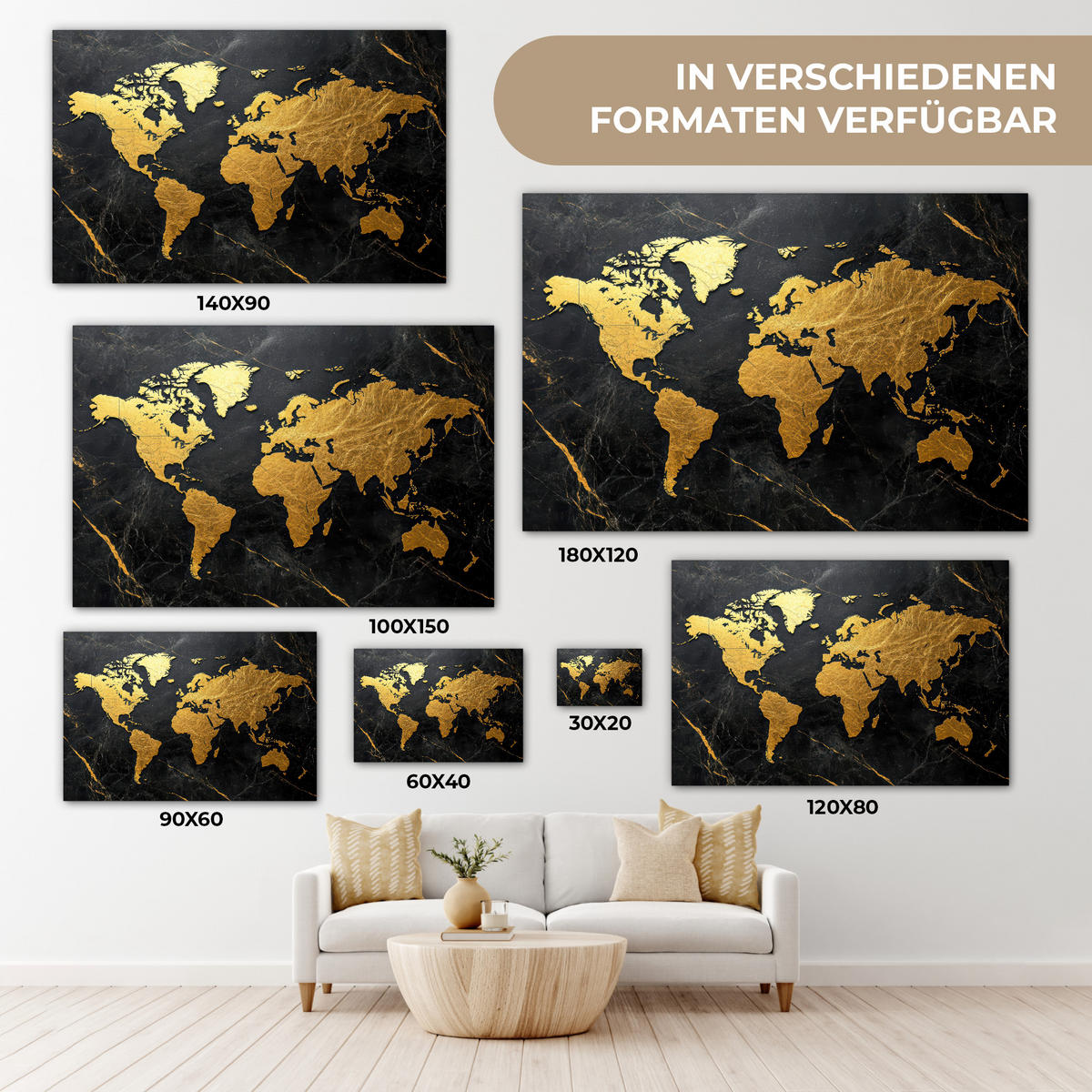 LEINWANDBILD Weltkarte - Gold - Marmor Wanddeko 90x60 cm - Goldfarben, Textil (90/60cm) - MuchoWow