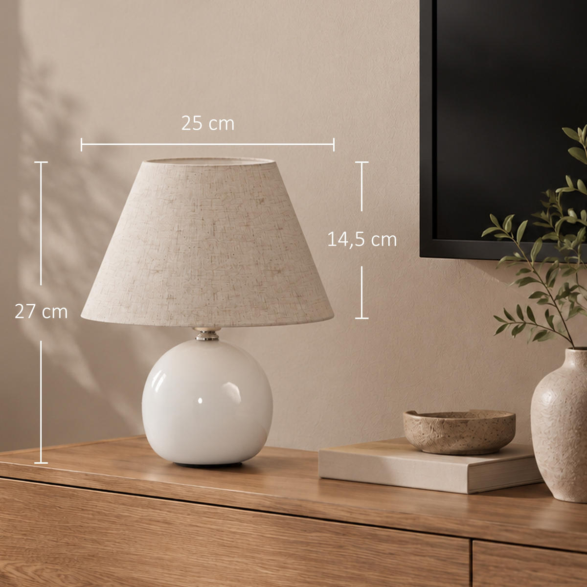 TISCHLAMPE Keramik Leinenoptik Cremeweiß - Creme, Keramik (25/25/27cm) - HOMCOM