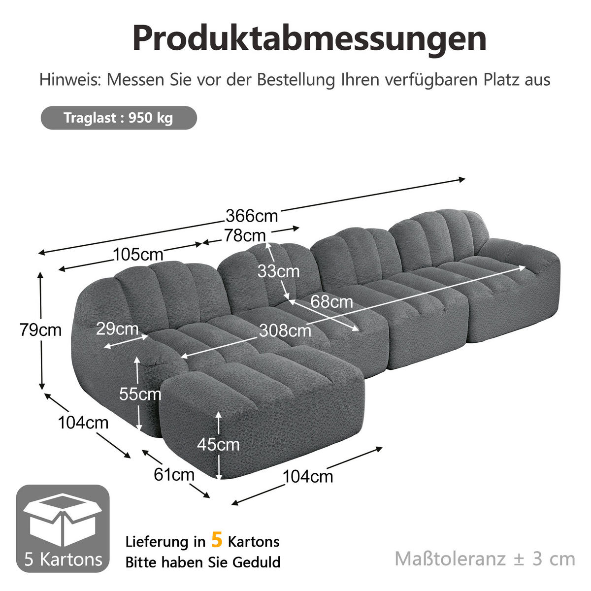 ECKSOFA 366/165/79 cm Grau Granulatvlies mit 1 Fußhocker - Grau, Textil (366/165cm) - Oxeza