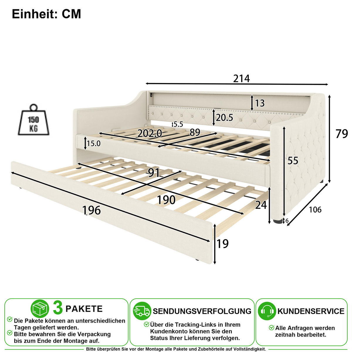 SCHLAFSOFA 90/200 cm & 90/190 cm in Beige Leinen mit Ausziehbett, LED und USB - Beige, Holzwerkstoff/Textil (90/200cm) - CHICFURN