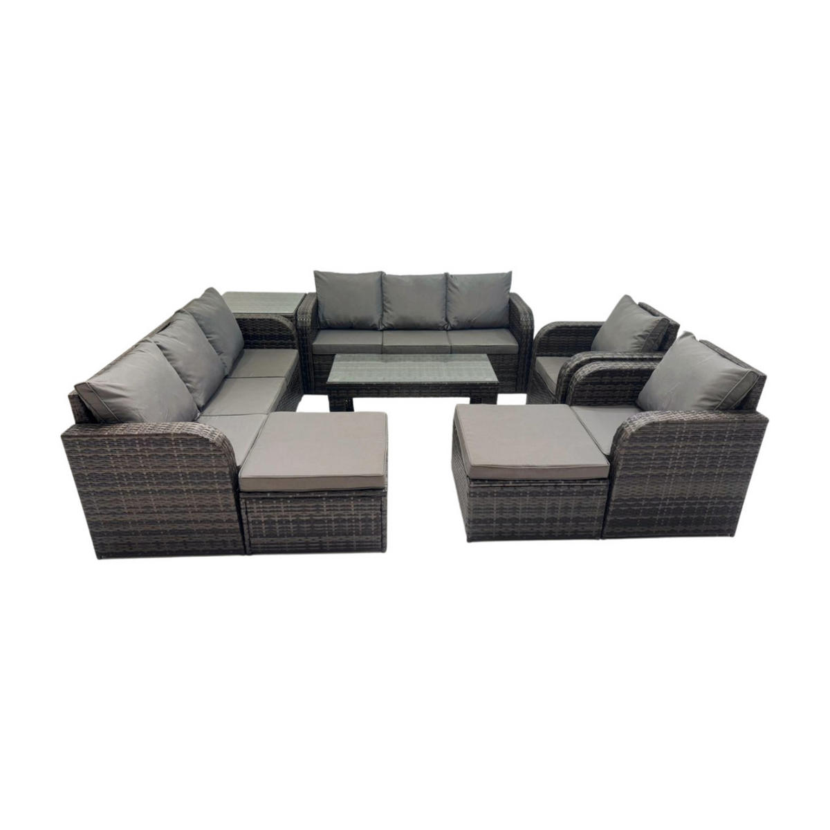GARTENSOFA SET mit rechteckigem COUCHTISCH Polyrattan 10-Sitzer Dunkelgrau - Dunkelgrau/Grau, Glas/Kunststoff - Fimous