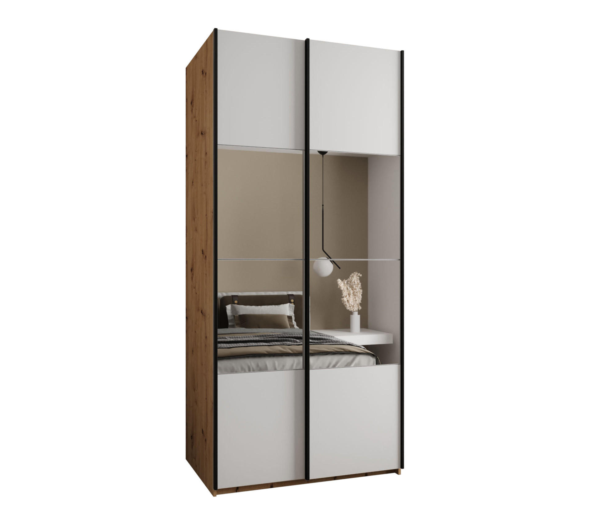 Abiks Möbel Schwebetürenschrank Eiche Artisan, Weiß, Schwarz 110x245x64 cm
