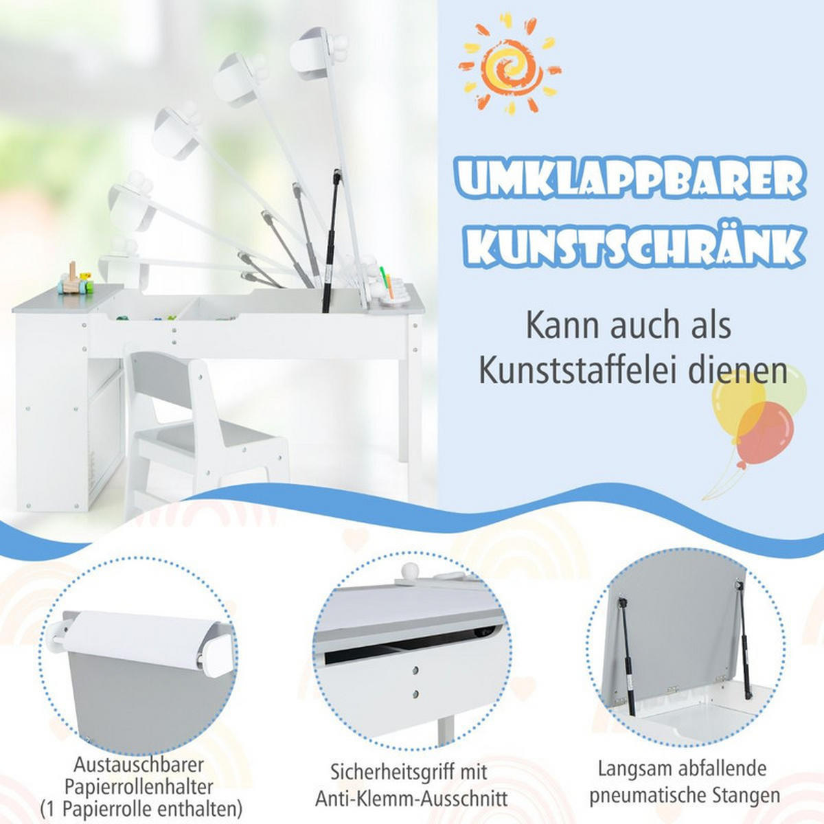 KINDERTISCH mit Stuhl grau(3-tlg) - Grau, Holzwerkstoff (109/55/60cm) - COSTWAY