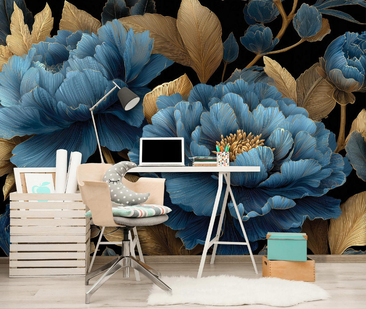 FOTOTAPETE Blumen Blätter Blau 350x250 cm - Multicolor, Papier (350/250cm) - Wallarena