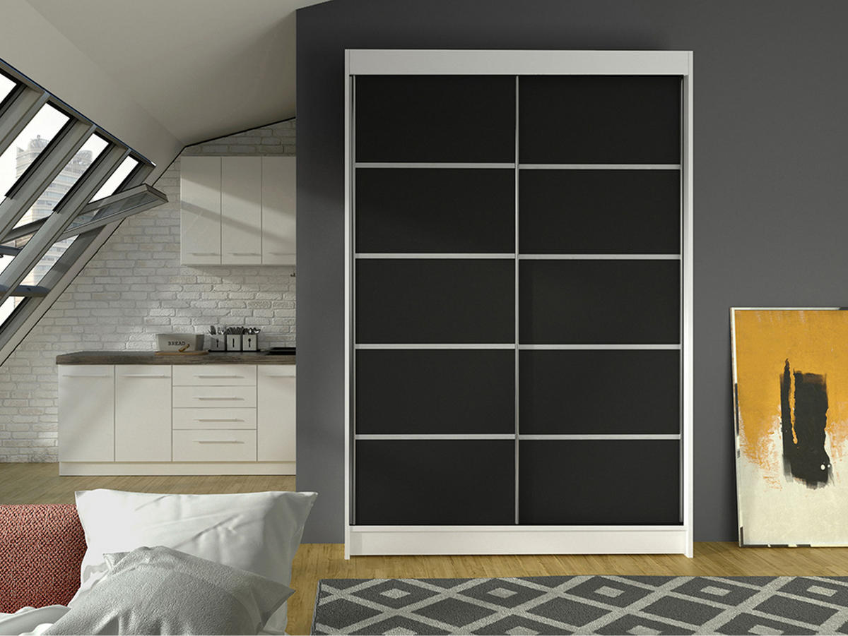 SCHWEBETÜRENSCHRANK Lino IV - Schwarz/Weiß, Holzwerkstoff/Metall (120/200/58cm) - MIRJAN24