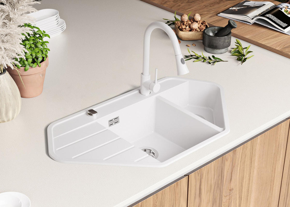 GRANITSPÜLE Kopenhagen Corner, 2-er set Weiß 90/50 cm 1,5 Becken + Küchenarmatur 40/20 cm + Ablauf-Set ab 70er Unterschrank - Chromfarben/Weiß, Kunststoff (90/18/50cm) - Primagran