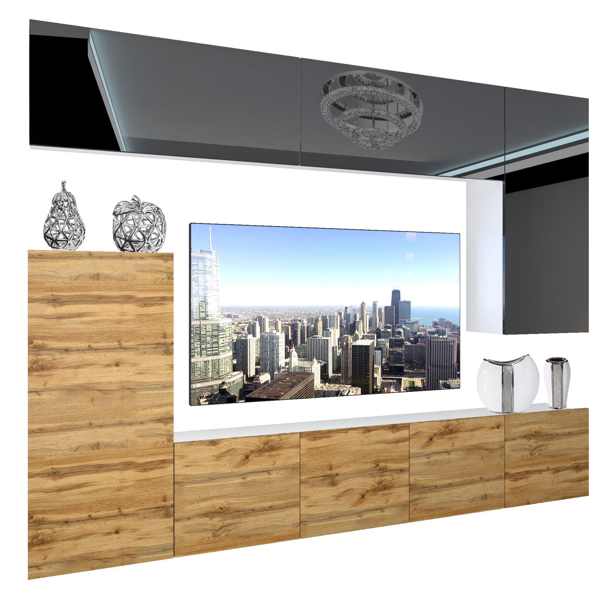 WOHNZIMMERWAND Schrankwand mit LED Schwarz ganzes Oberteil / Eiche Wotan - Schwarz/Braun, Holz (250/180/36cm) - B BELINI GROUP