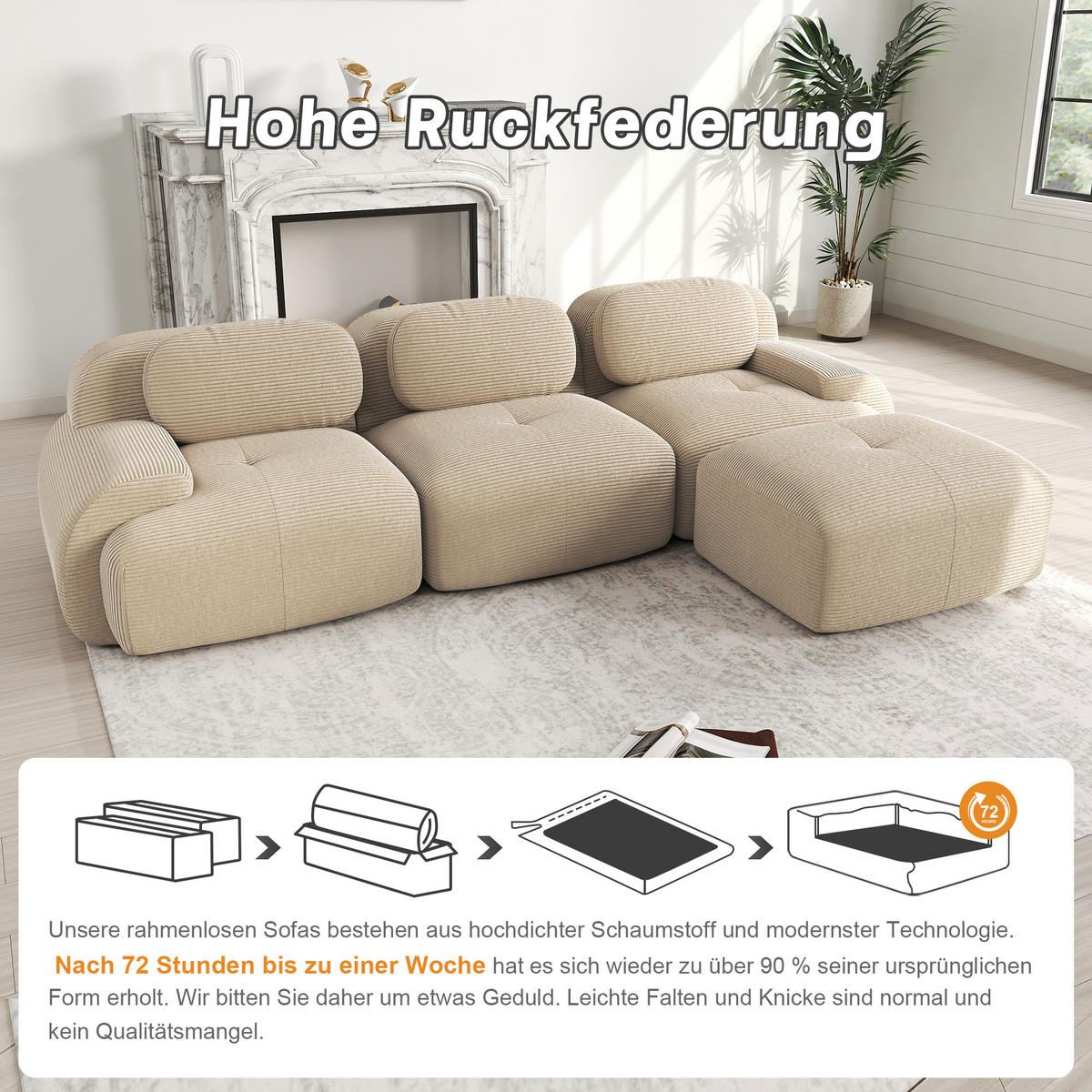 ECKSOFA 298/178/70 cm Beige Cord mit extra-breiten Armlehnen - Beige, Textil (298/178cm) - Oxeza