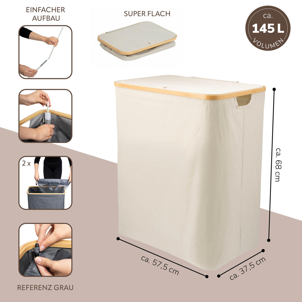 WÄSCHESAMMLER 145 Liter, beige - Beige, Textil (57.5/68/37.5cm) - bremermann