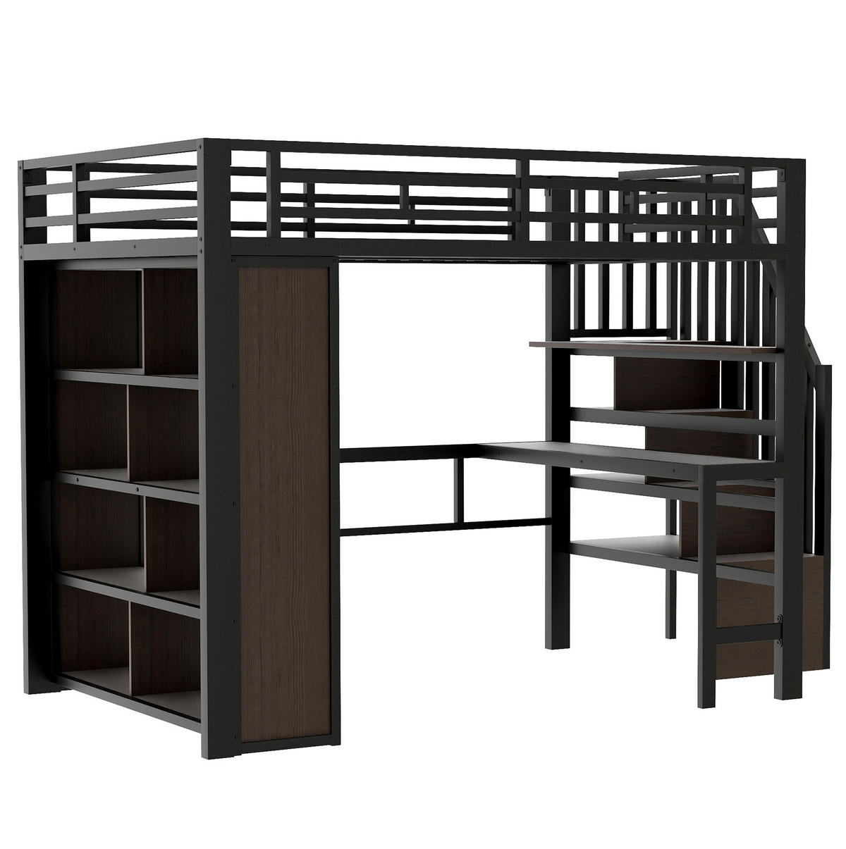 HOCHBETT 140/200 cm mit Schreibtisch, Ablagen, LED-Lichtleiste und Stauraumtreppe aus Metall und MDF, Schwarz - Schwarz, Metall (140/200cm) - Redom
