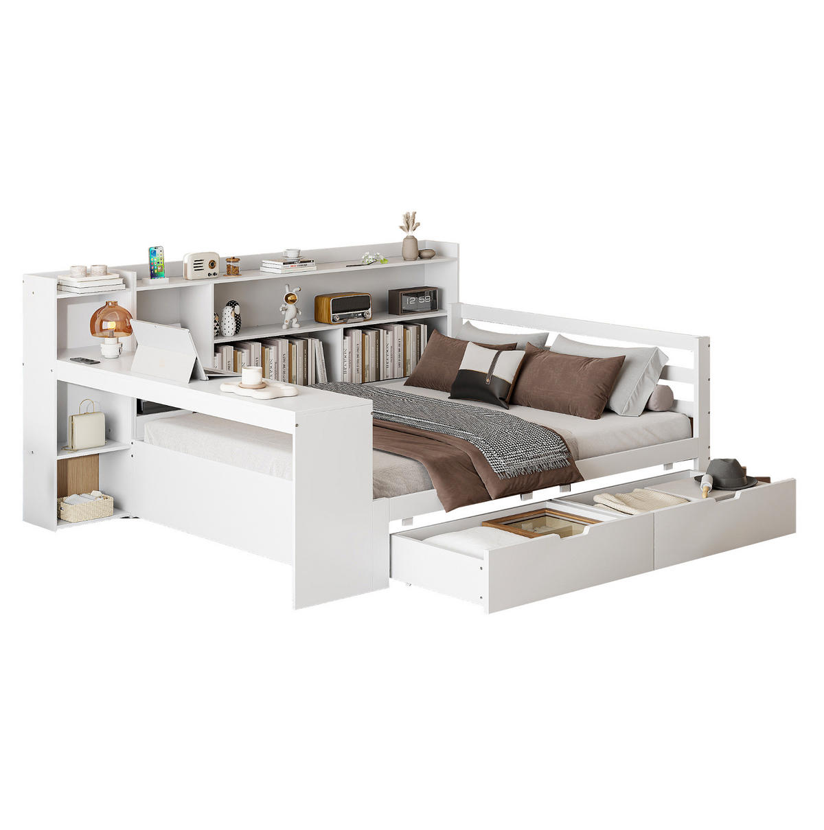 BETT 140/200 cm aus Holz mit Schreibtisch, Regalen und USB-Anschluss - Weiß, Holz (140/200cm) - Flora Grace