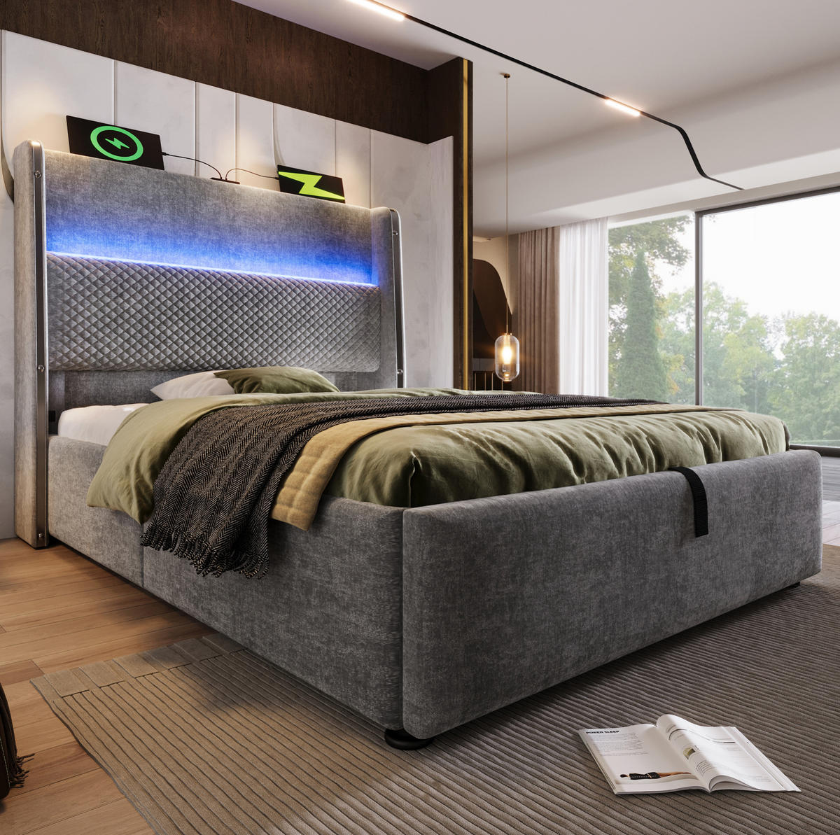 POLSTERBETT 90/200 cm Grau mit Stauraum, LED und USB- und Type-C-Anschlüssen - Grau, Textil (90/200cm) - Flora Grace