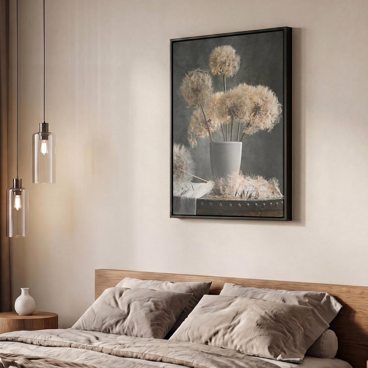LEINWAND Bilder mit Rahmen - Blumensamen - Löwenzahn - Vase - Stilleben - Blumenstrauß - 50x70 - Dunkelgrau, Textil (50/70cm) - MuchoWow