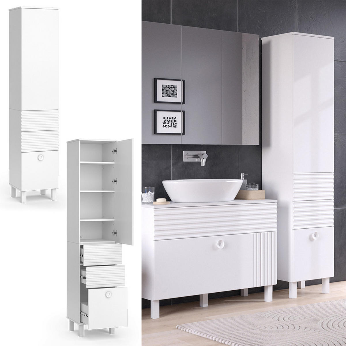 BADSCHRANK Sola Weiß 40.2 x 192.4 cm mit Tür und Schubladen - Weiß, Holzwerkstoff (40.2/192.4/37.2cm) - Vicco