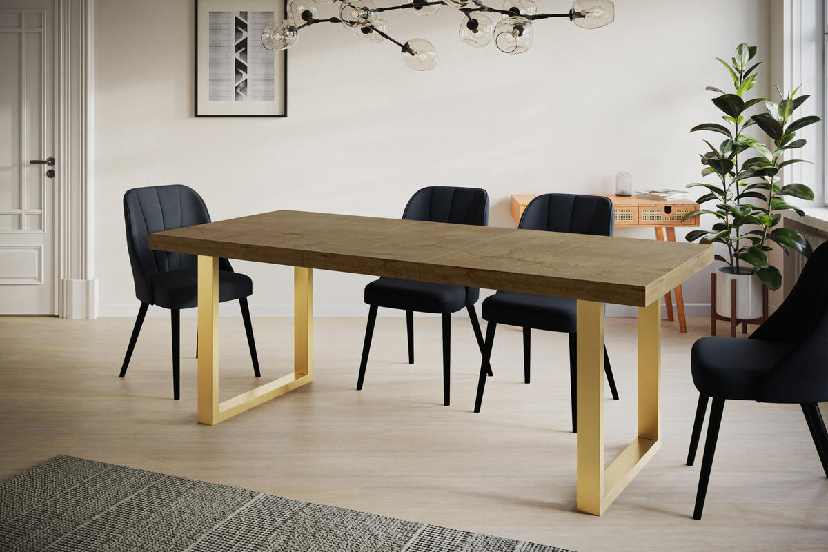 ESSZIMMERTISCH LOFT-U, ausziehbarer Tisch 120-220X80X77 cm, Farbe: LEFKAS, mit Metallbeinen in Farbe Gold - Dunkelbraun/Goldfarben, Holzwerkstoff (120/80/77cm) - Alpi-Möbel