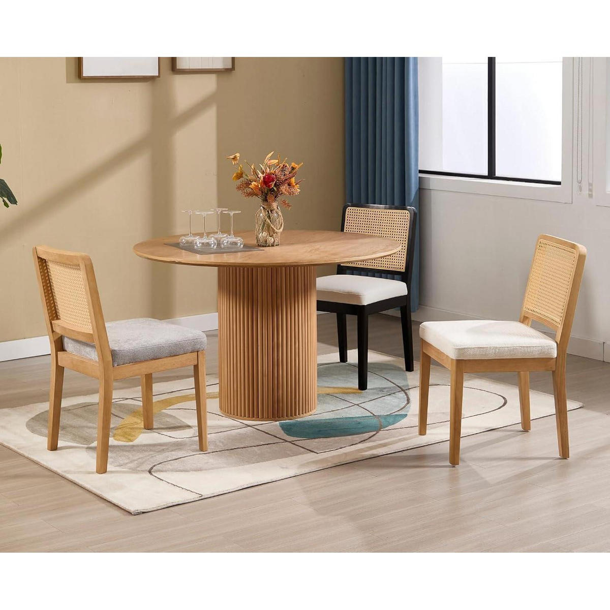 ESSZIMMERSTÜHLE 4er Set Chenille Rattan Rückenlehne Holz Weiß - Weiß, Naturmaterialien (48.5/86/56.5cm)