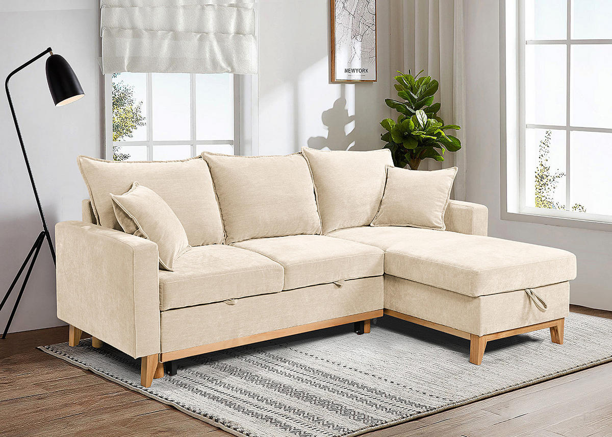 ECKSOFA mit Schlaffunktion - Flachgewebe - Hellbraun/Beige, Holz/Textil (214/145cm) - home24